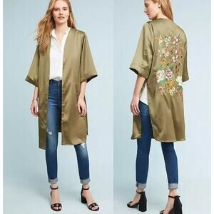 Anthropologie Floreat Kimono One Size Satin Floral Embroidered Open Front Green
